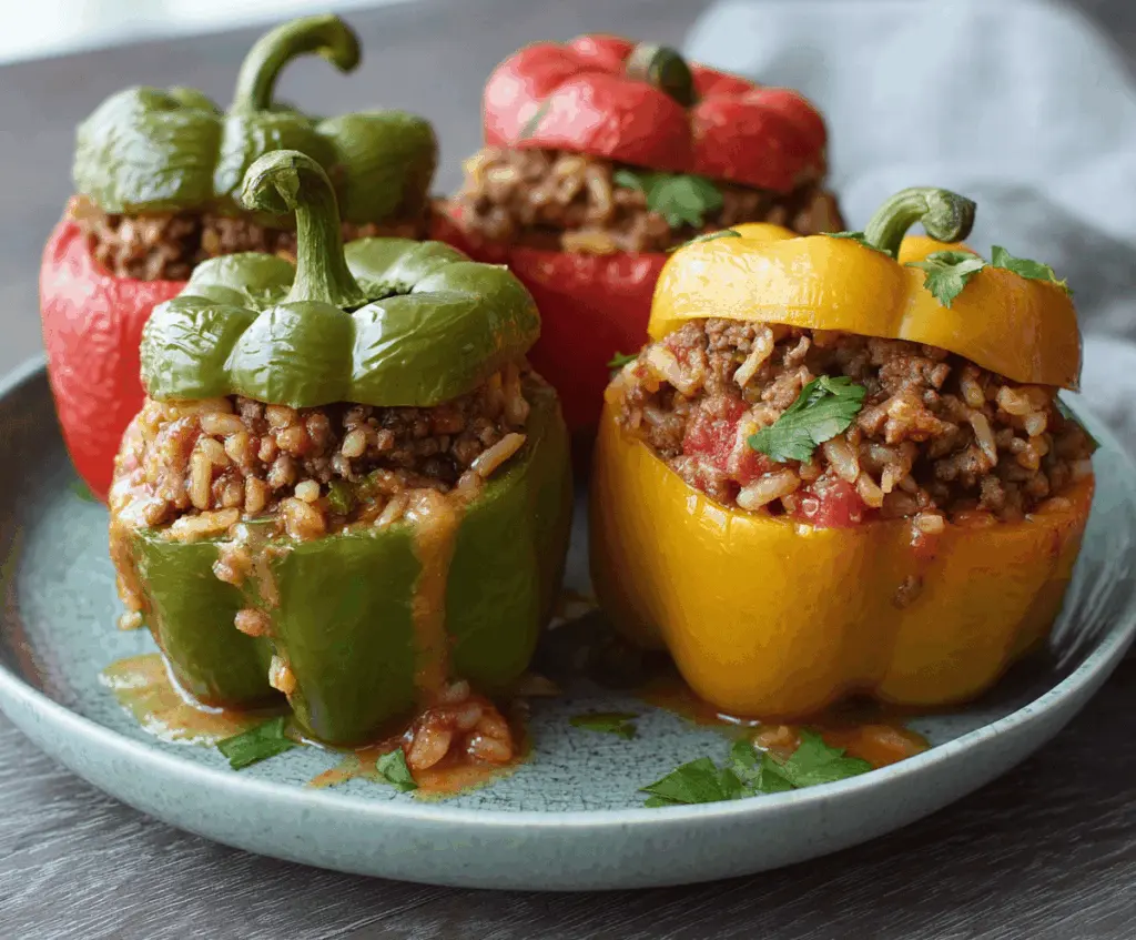Delicious slow cooker beef stuffed peppers topped with melted cheese and fresh herbs on a plate