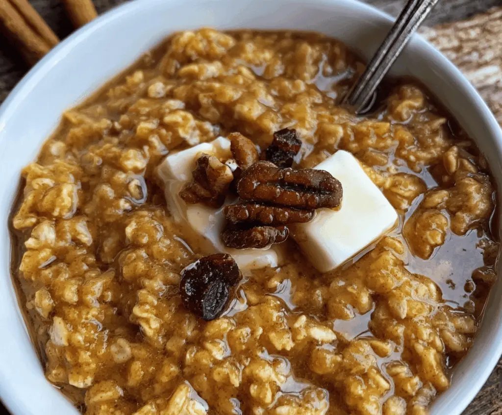 Creamy slow cooker pumpkin pie oatmeal topped with whipped cream and cinnamon for a cozy fall breakfast