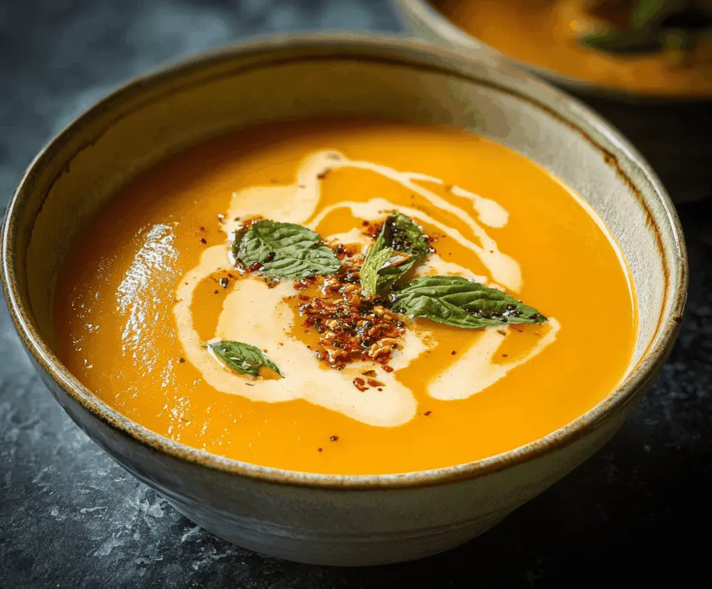 Creamy spicy butternut squash and sweet potato soup served in a bowl with fresh herbs, perfect for a comforting fall meal.