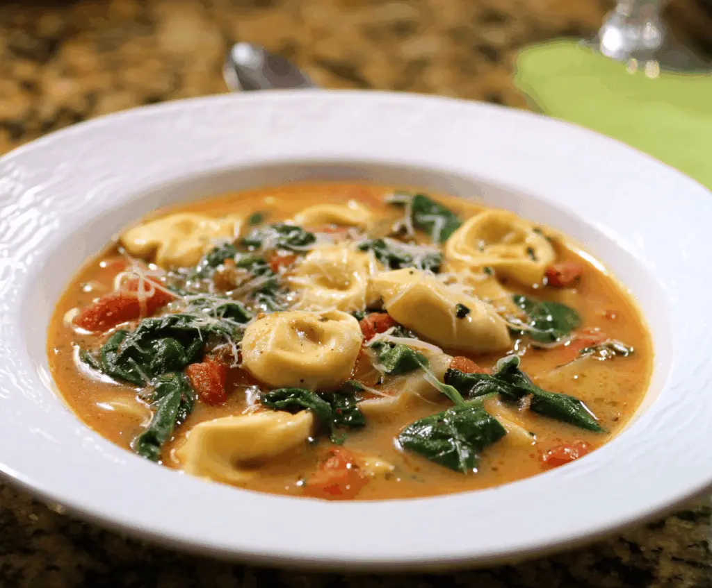 Creamy spinach tortellini soup with fresh spinach, cheese-filled tortellini, and herbs in a bowl, perfect for a comforting meal.