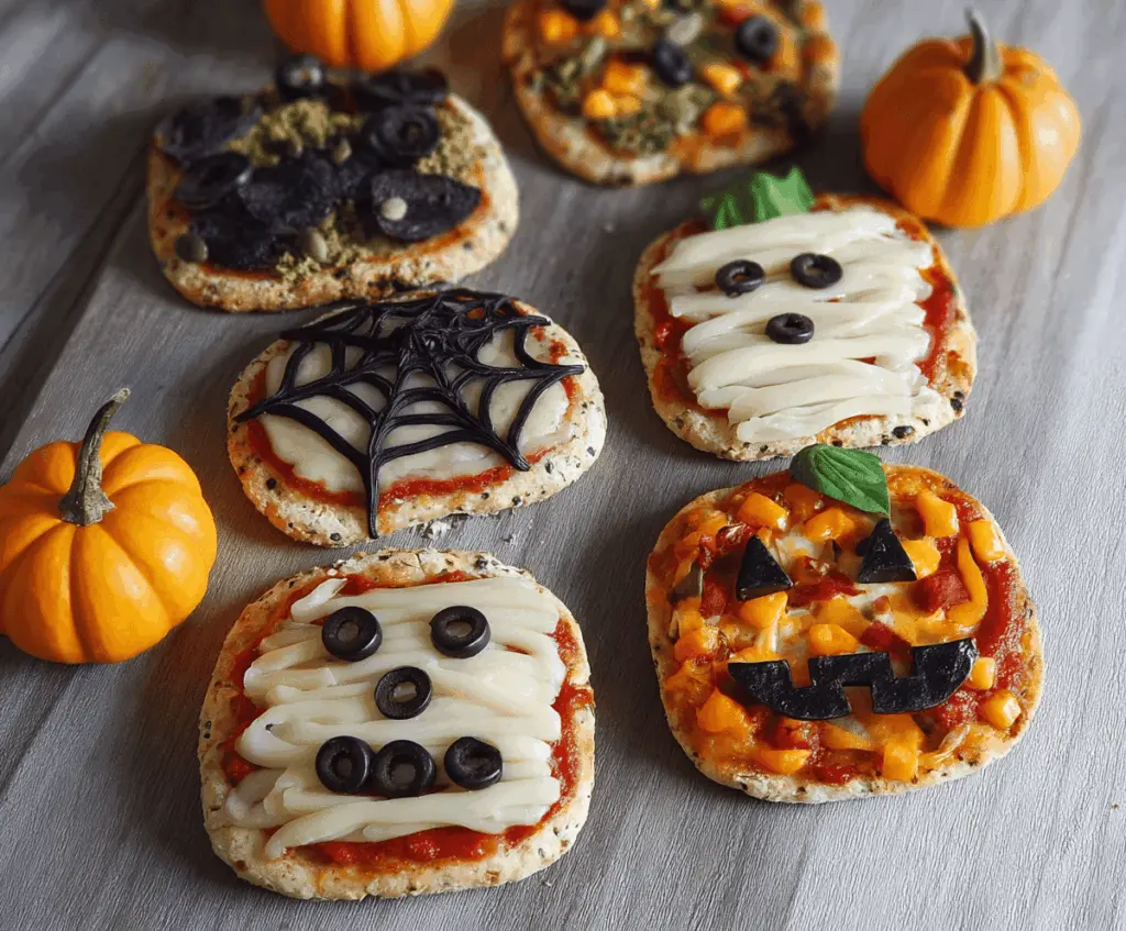 Delicious spooky mini Halloween pizzas topped with colorful ingredients, perfect for a festive Halloween party appetizer.