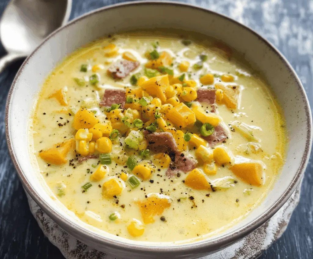 Creamy sweet corn and potato chowder served in a bowl topped with fresh herbs and crispy bacon bits, perfect for a hearty comfort meal.