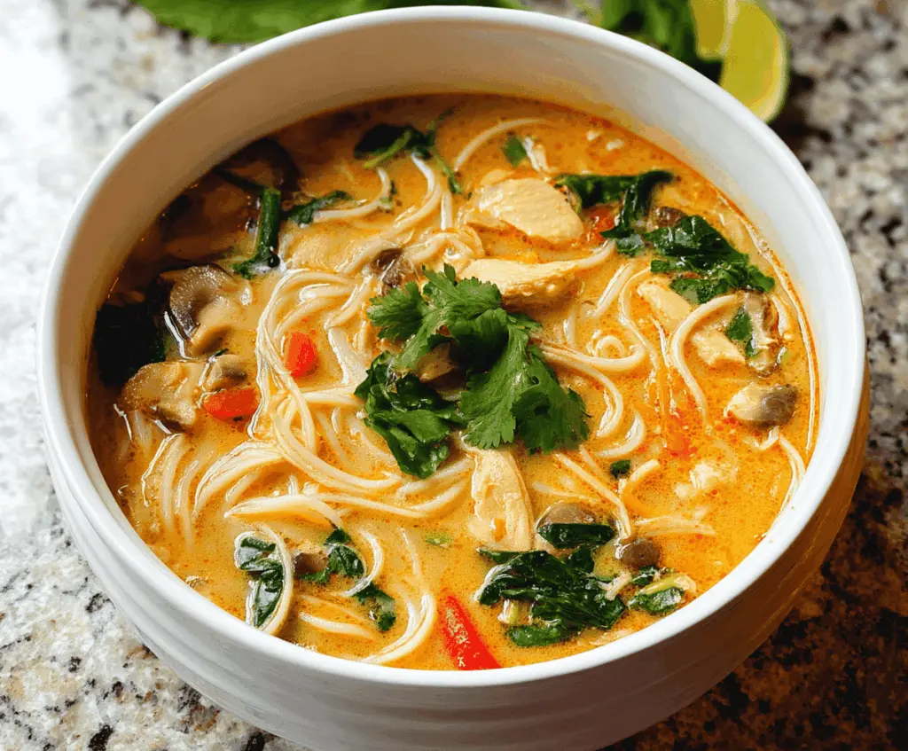 Spicy Thai chicken noodle soup in a bowl with fresh herbs, vegetables, and sliced chicken pieces, garnished with lime and cilantro