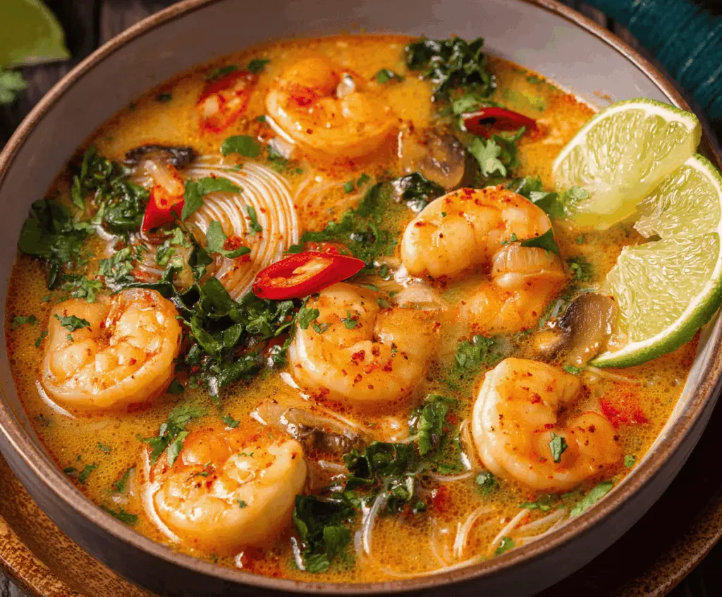 A bowl of spicy Thai Shrimp Soup with fresh herbs, lime wedges, and colorful vegetables garnished with cilantro and chili peppers.