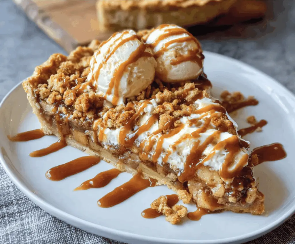Delicious toffee apple crumble pie topped with golden crumbles and caramelized apple slices, perfect for dessert or cozy gatherings.