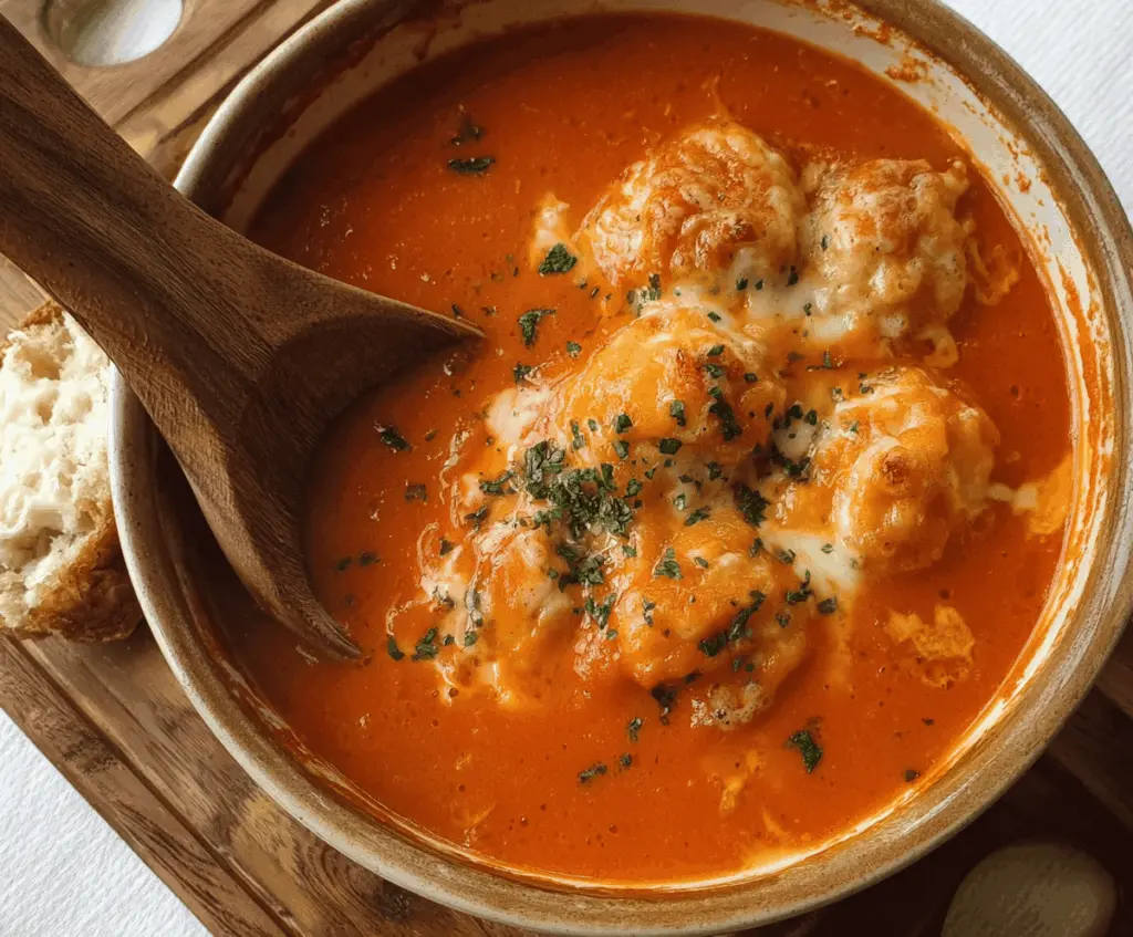 Creamy tomato soup topped with golden cheddar bay dumplings served in a rustic bowl, perfect for a comforting meal