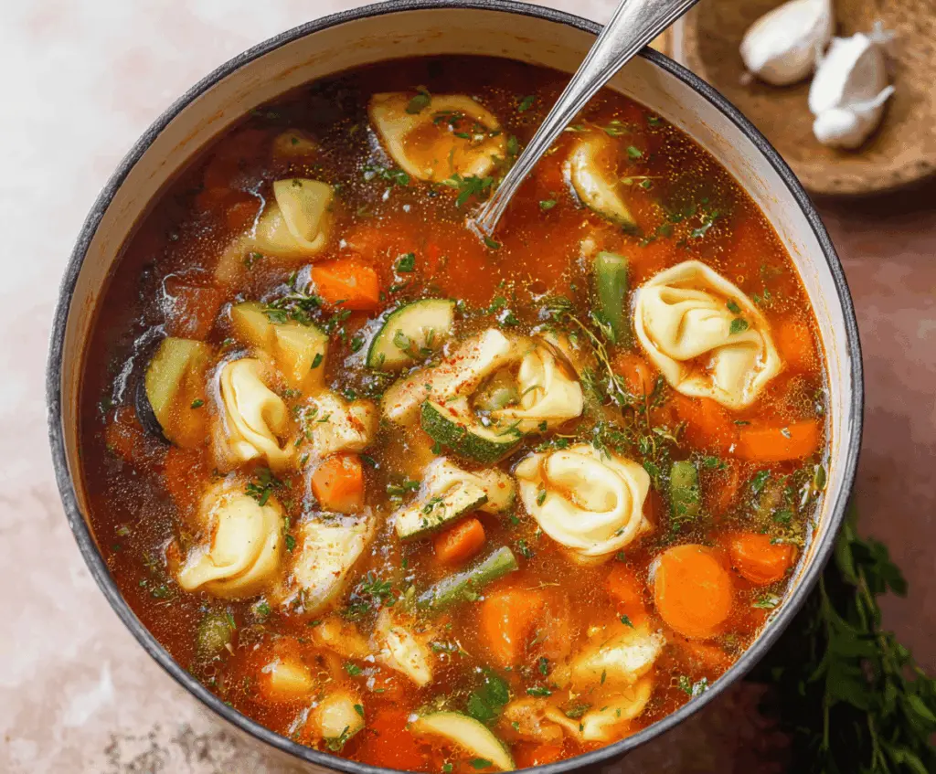 Hearty vegetable tortellini soup with colorful vegetables and fresh herbs in a bowl, perfect for a comforting meal.