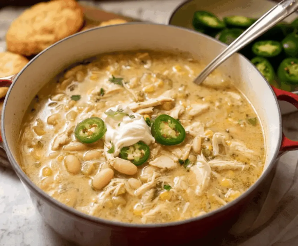 Creamy white chicken chili with tender shredded chicken, white beans, green chilies, and melted cheese served in a bowl.