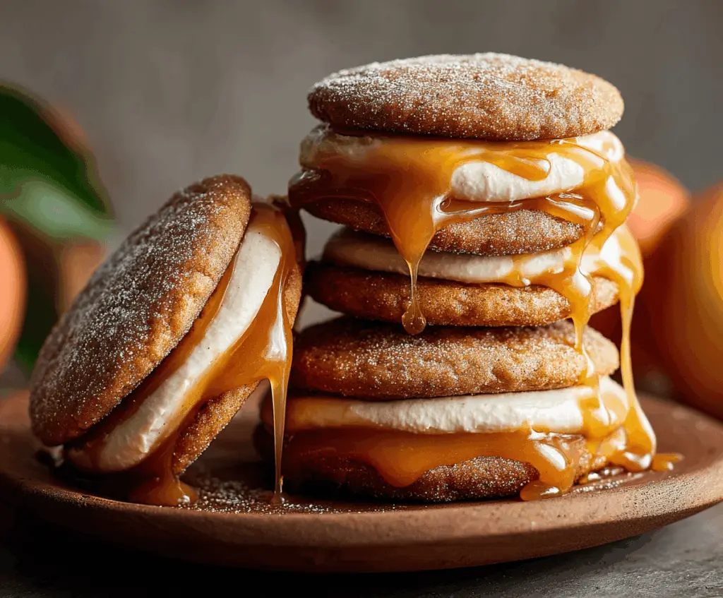 Delicious Apple Cider Whoopie Pie Cookies filled with creamy frosting and drizzled with caramel sauce on a rustic wooden background