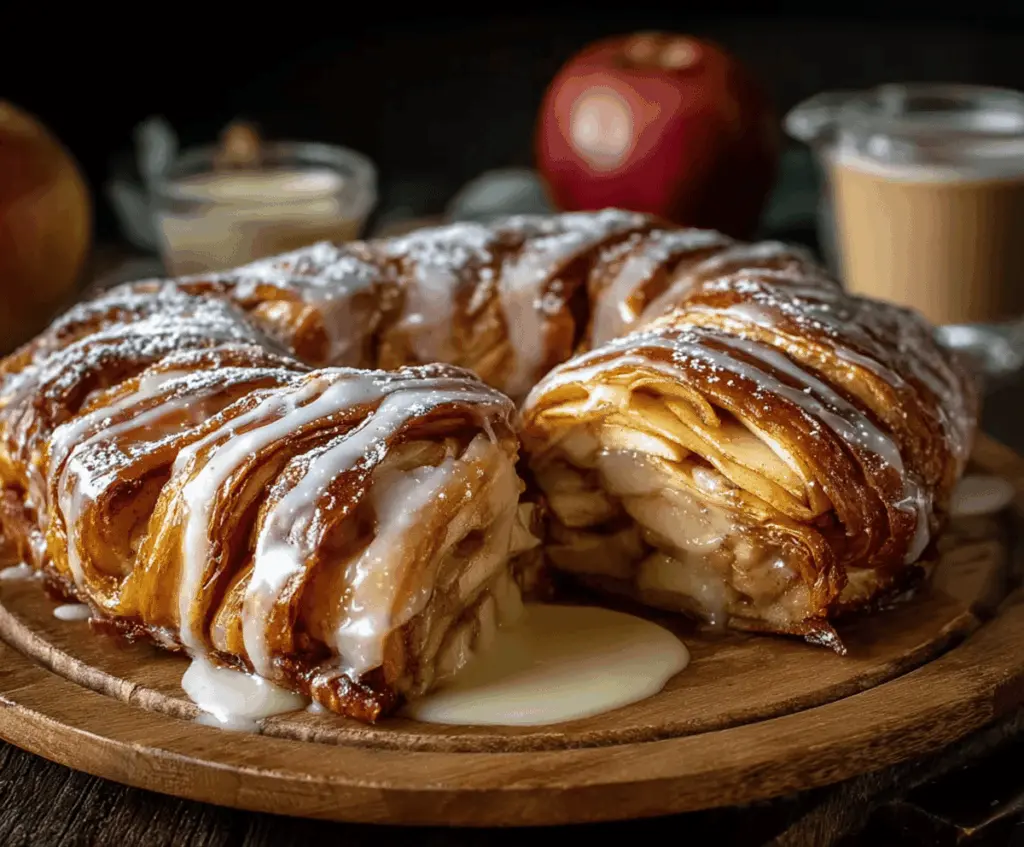 Delicious homemade Apple Kringle with golden crust topped with vanilla glaze, showcasing fresh apple slices and sweet icing