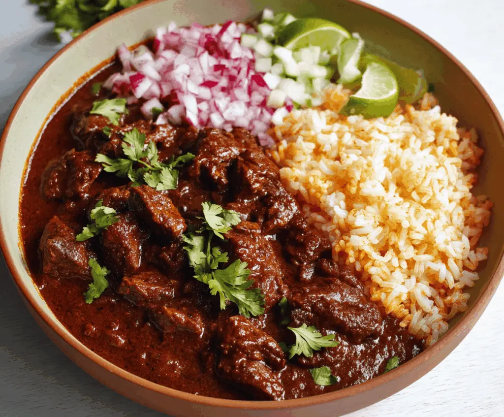 Delicious authentic Chile Colorado dish featuring tender pork in rich red chili sauce, served with rice and garnished with fresh cilantro