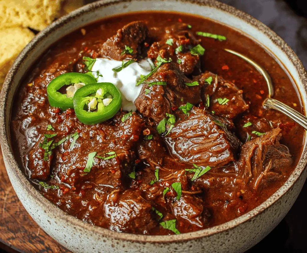 Delicious homemade Texas brisket chili with tender brisket, beans, and spices in a rustic bowl, perfect for a hearty meal