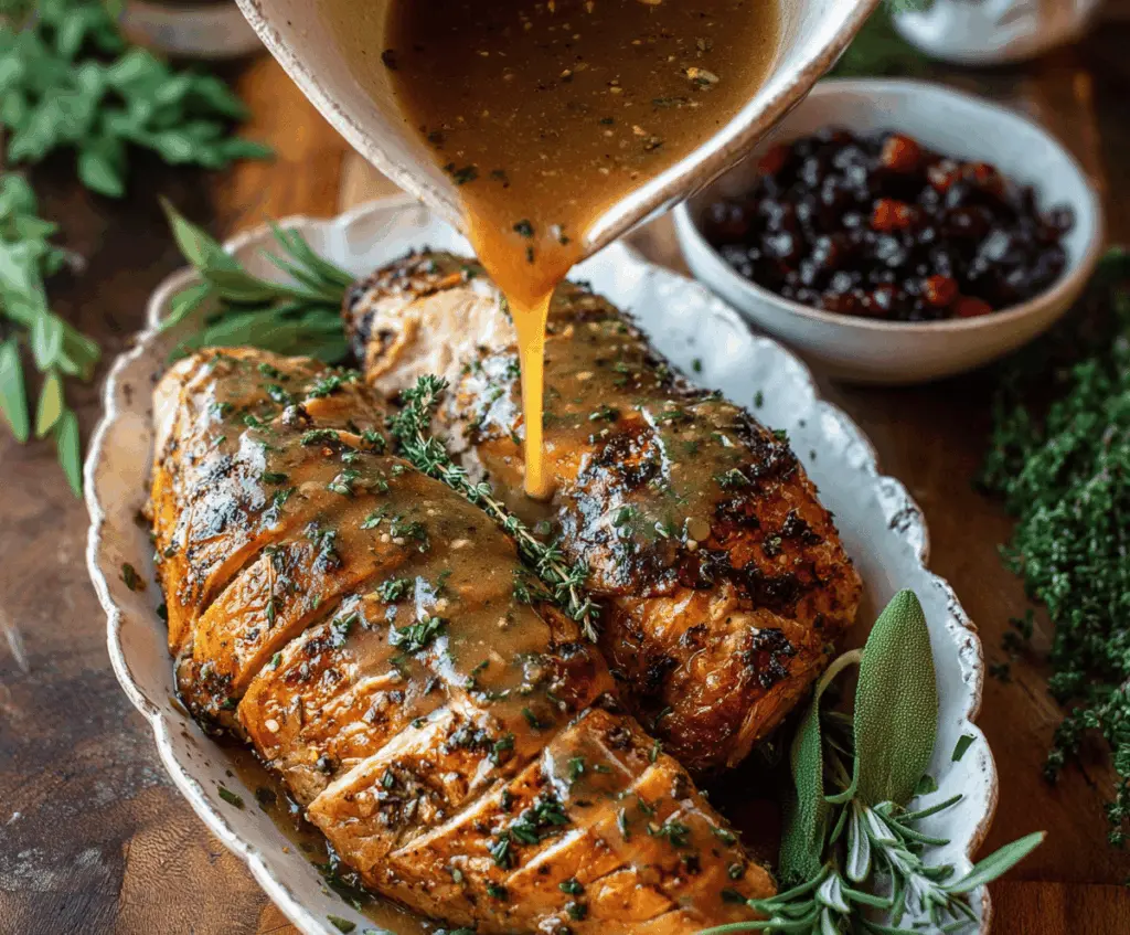 Creamy brown butter herb turkey gravy served over sliced turkey, garnished with fresh herbs for a flavorful holiday meal.