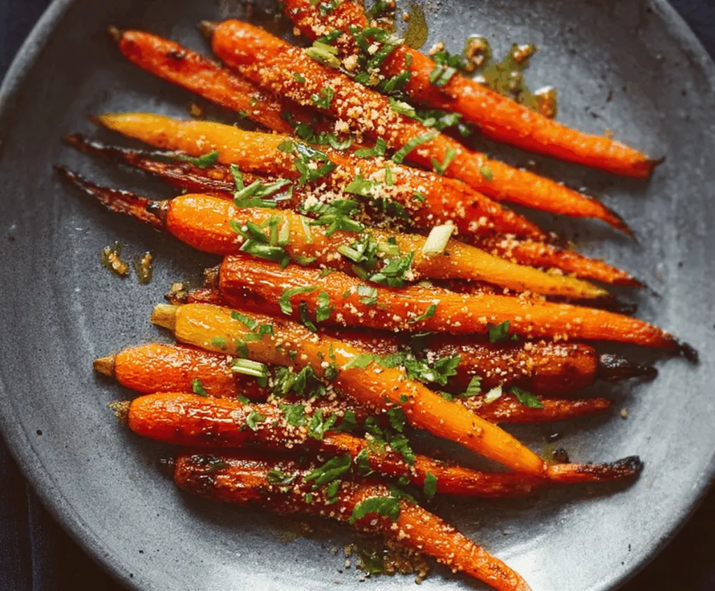 Roasted charred carrots with sweet smoky flavor, garnished with fresh herbs, perfect for a delicious and healthy side dish