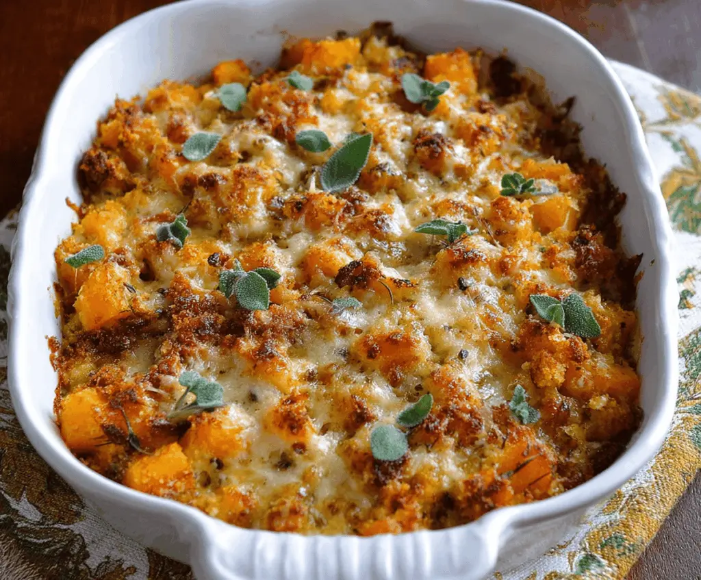 Creamy cheesy butternut squash casserole topped with golden melted cheese, perfect as a comforting side dish