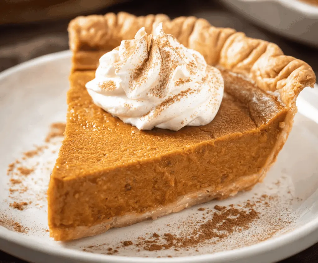 Delicious homemade classic pumpkin pie topped with whipped cream on a festive platter, perfect for holiday desserts