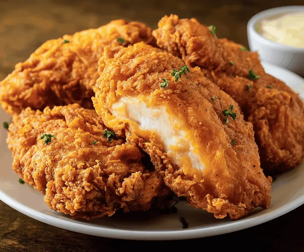 Golden crispy country fried chicken served hot, showcasing juicy meat and flavorful seasoning