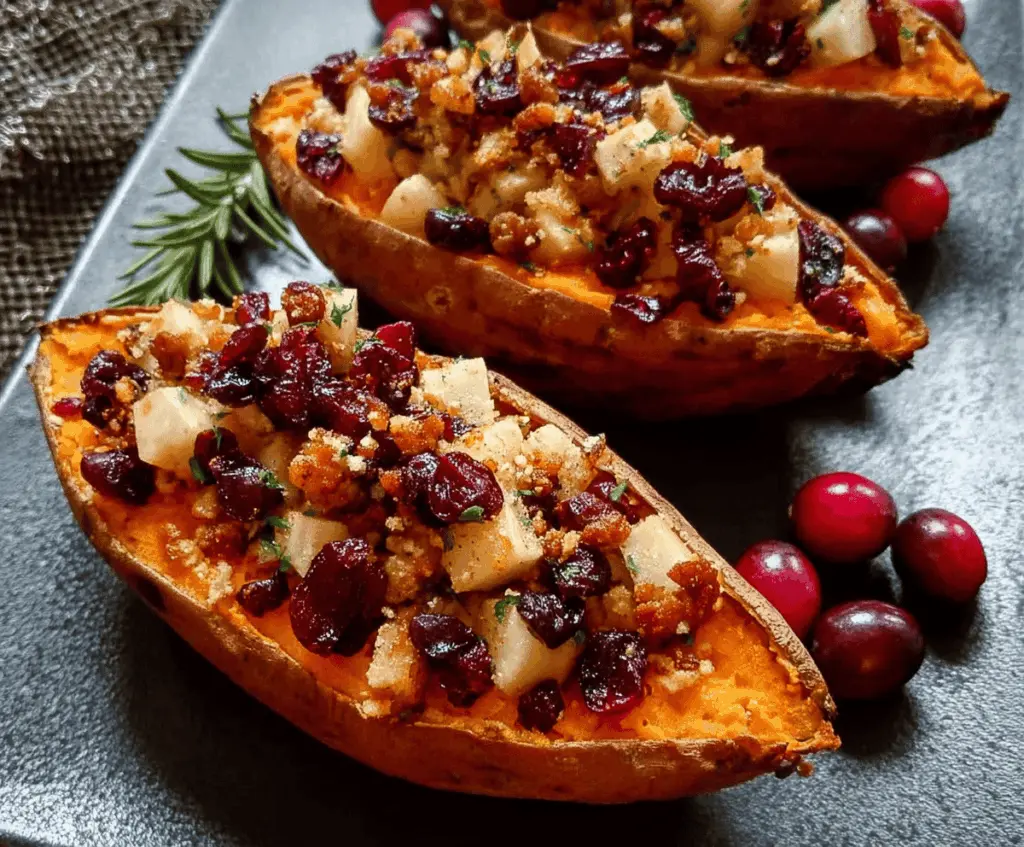 Delicious Cranberry Apple Twice-Baked Sweet Potatoes garnished with fresh herbs, showcasing a colorful and nutritious autumn-inspired dish.