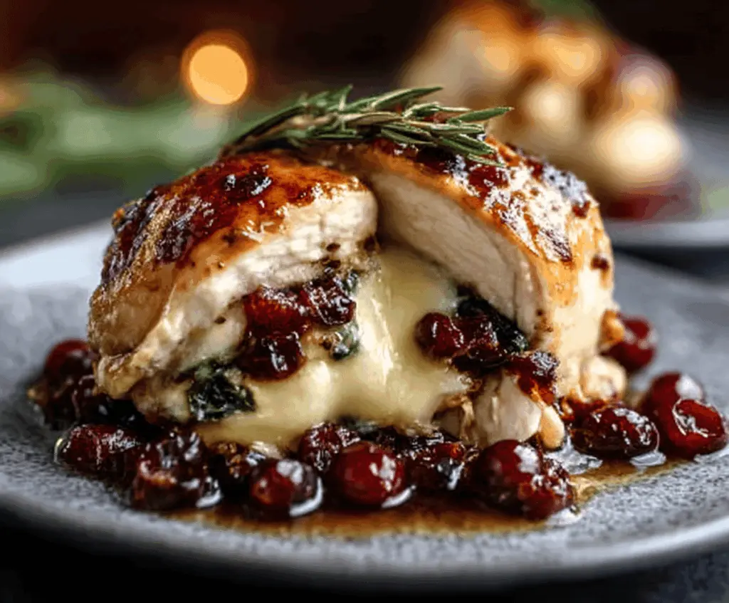 Juicy stuffed chicken breast topped with melted Brie cheese and fresh cranberries, served as Cranberry Brie Stuffed Chicken recipe.