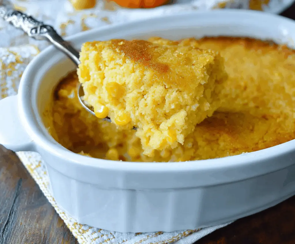 Delicious creamy corn casserole with five ingredients, perfect for Thanksgiving side dish