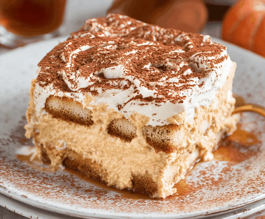 Creamy Pumpkin Spice Tiramisu served in a glass dish with layered mascarpone cheese and pumpkin spice flavoring, perfect for fall desserts
