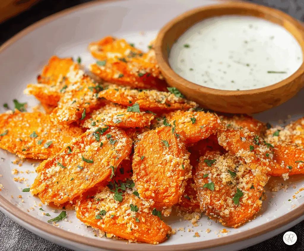 Crispy Parmesan Ranch Smashed Carrots, a flavorful and crunchy side dish featuring roasted carrots topped with Parmesan cheese and ranch seasoning