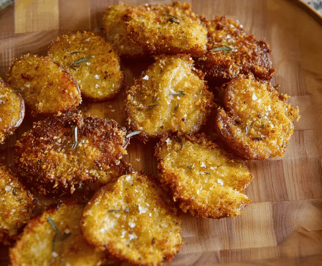 Crispy Parmesan Smashed Potatoes garnished with fresh herbs on a white plate, perfect for a flavorful side dish