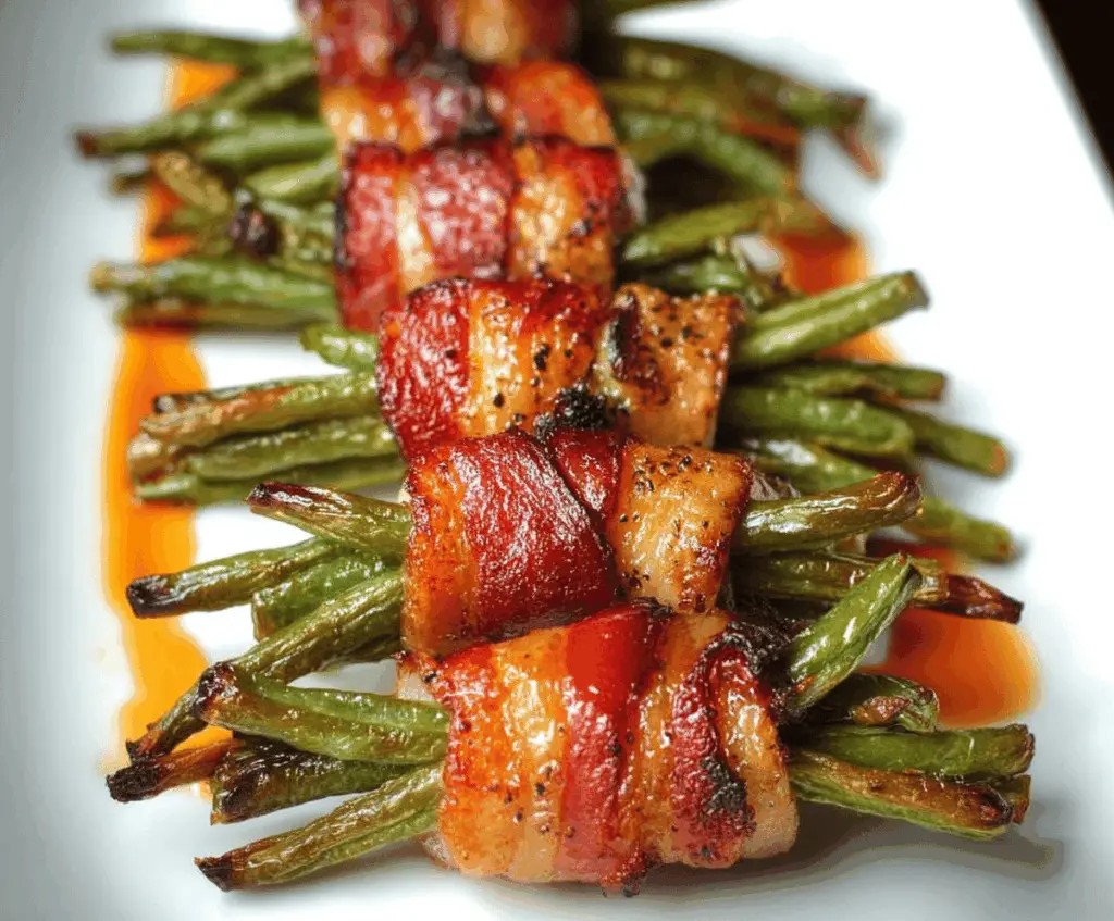 Golden brown bacon-wrapped green bean bundles on a serving platter, garnished with herbs.