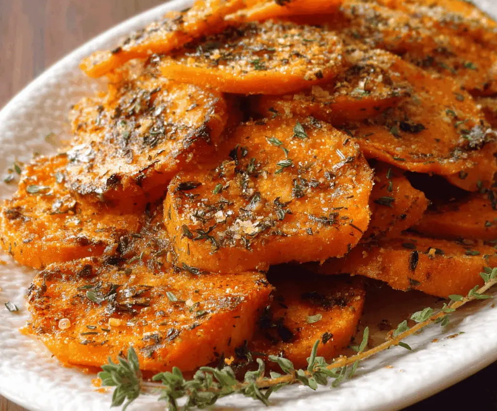 Delicious easy roasted sweet potatoes topped with fresh herbs and grated Parmesan cheese
