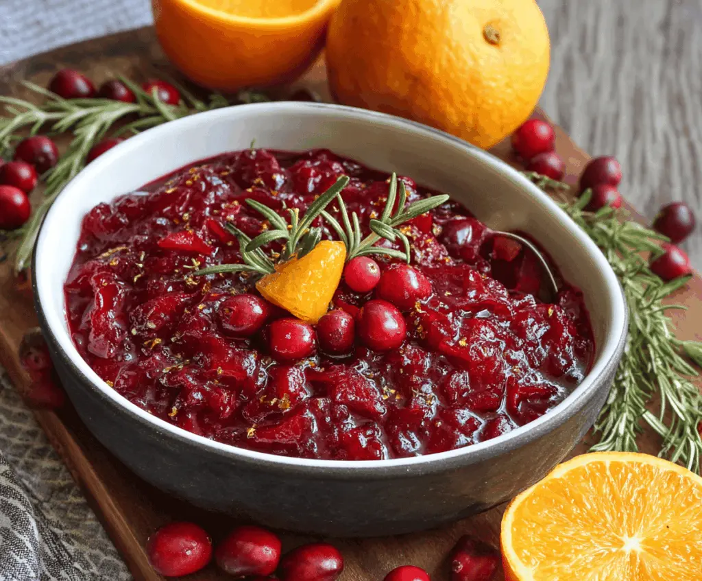 Colorful fresh cranberry-orange relish served in a glass bowl, perfect for Thanksgiving holiday celebration