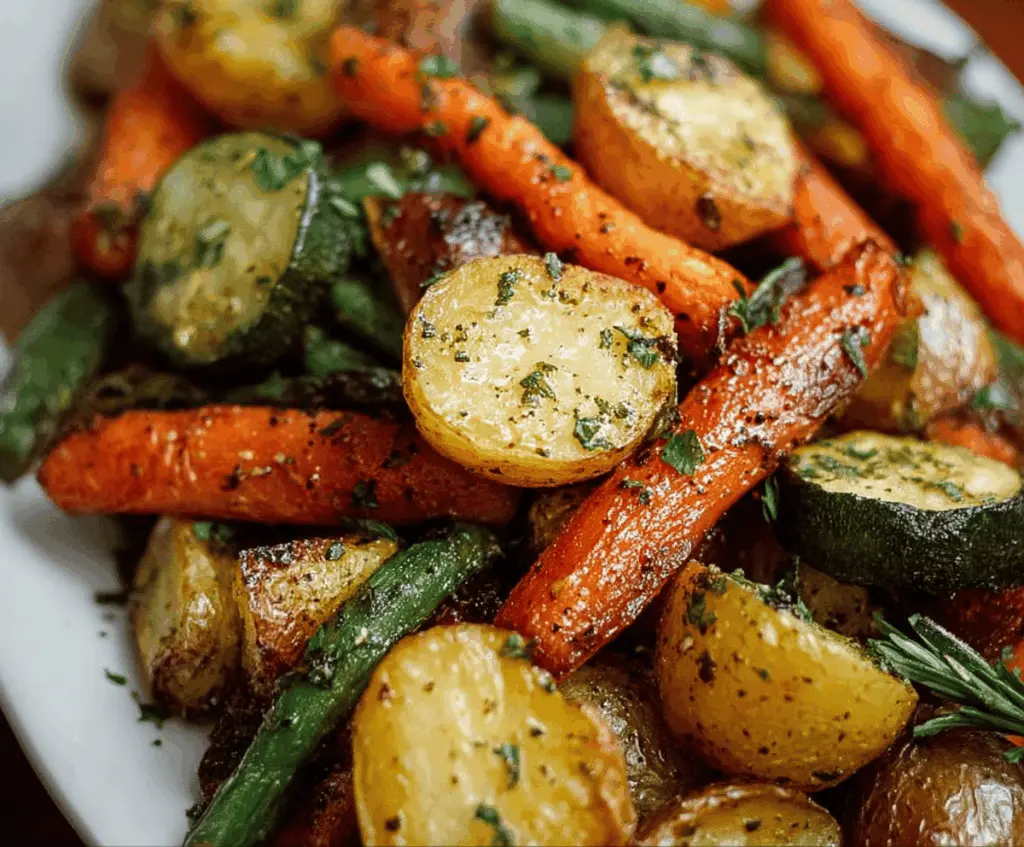 Colorful garlic herb roasted vegetables on a platter, perfect for a healthy side dish.