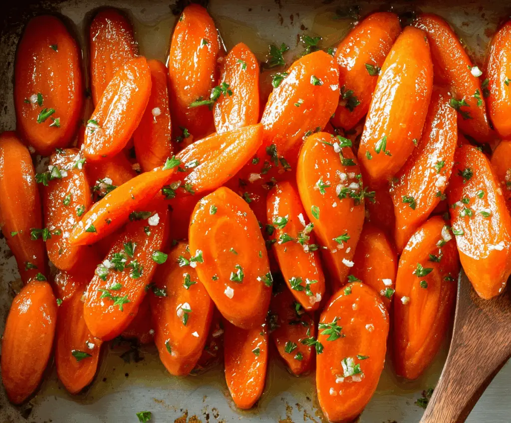 Delicious glazed carrots with a shiny honey glaze garnished with fresh herbs on a white plate