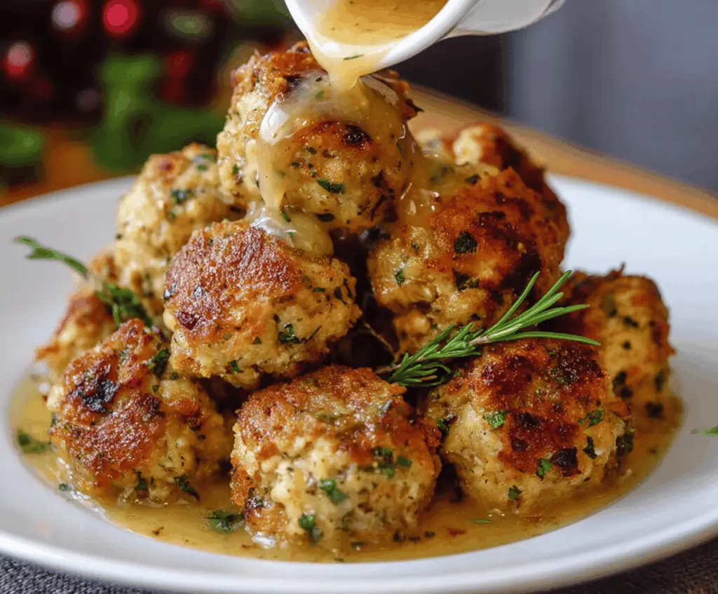 Delicious Grandma Dot's Stuffing Balls served on a festive plate, perfect for holiday dinners.