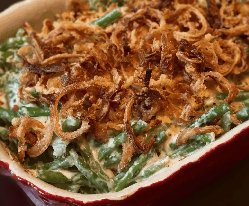 A delicious green bean casserole topped with crispy fried onions served in a white baking dish