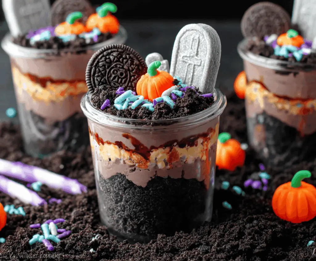 Halloween Graveyard Dirt Cups with chocolate pudding, cookie crumbs, and creepy edible decorations for a spooky dessert treat.