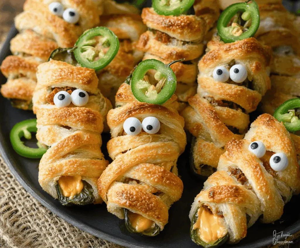 Halloween Jalapeño Popper Mummies served on a spooky platter with cheese and peppers, perfect for Halloween party snacks