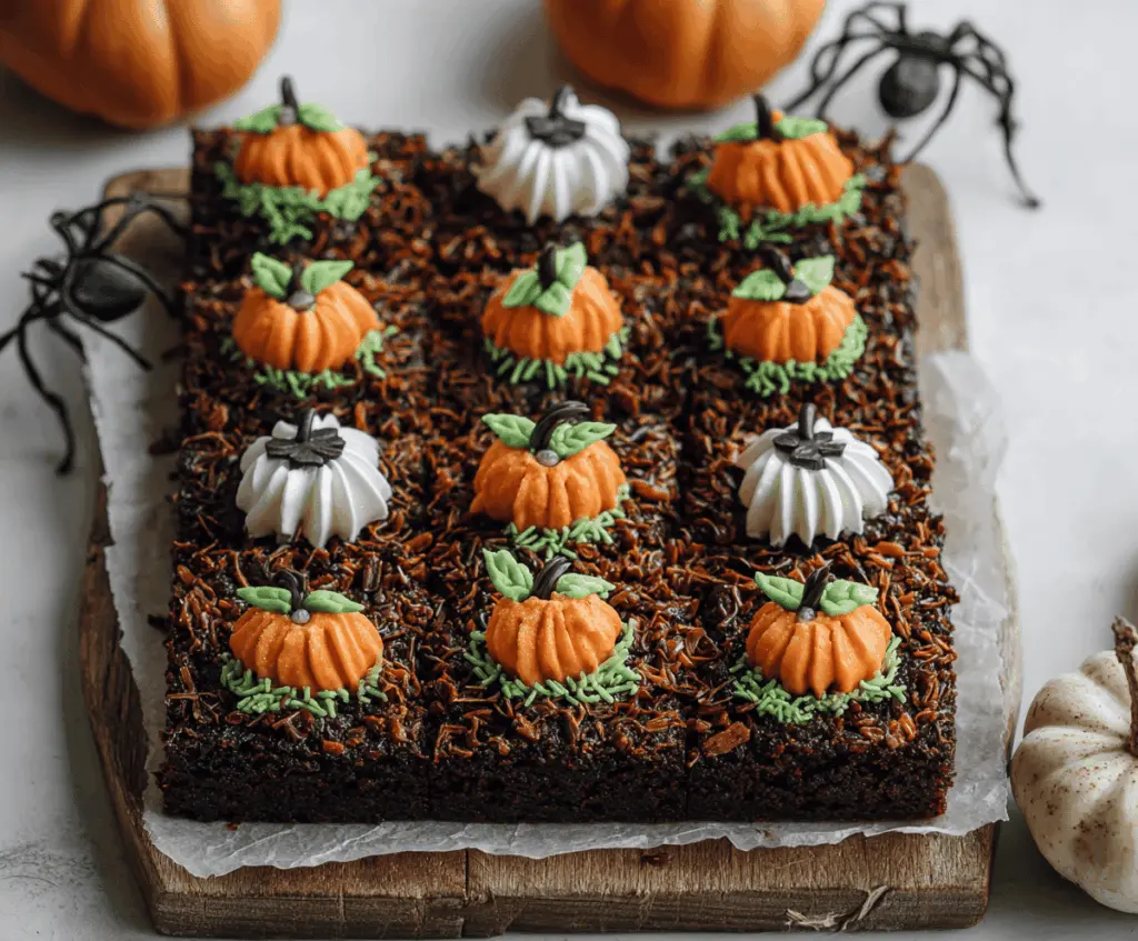 Delicious Halloween Pumpkin Patch Brownies with orange frosting pumpkins and spooky themed decorations on a festive plate