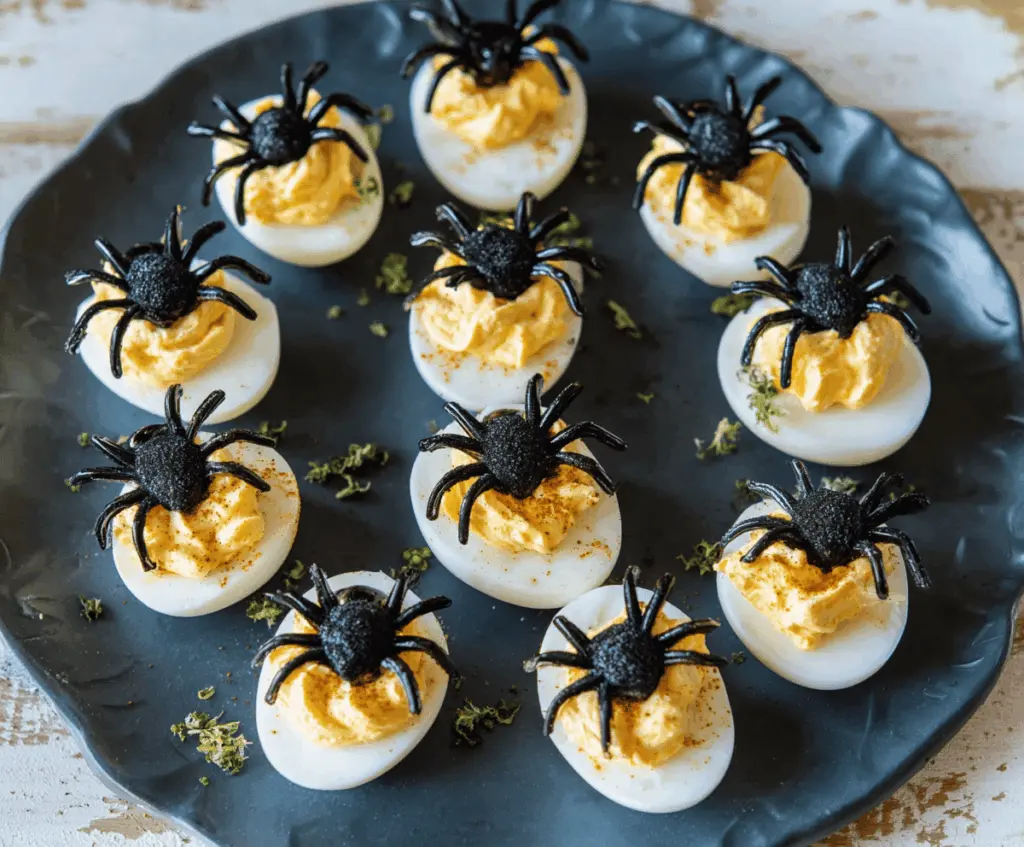 Decorative Halloween Spider Deviled Eggs with black olive spider toppings on a spooky themed plate, perfect for Halloween parties.