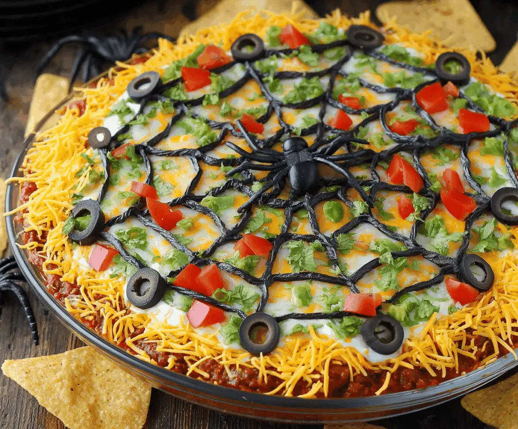Colorful Halloween Spiderweb Layered Taco Dip with tortilla chips and festive decorations