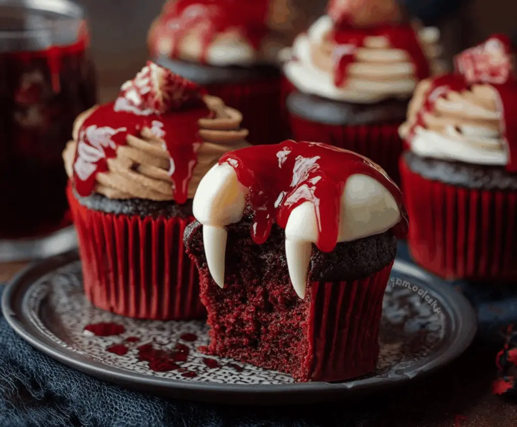 Halloween Vampire Bite Cupcakes topped with red icing and candy fangs, perfect for spooky parties