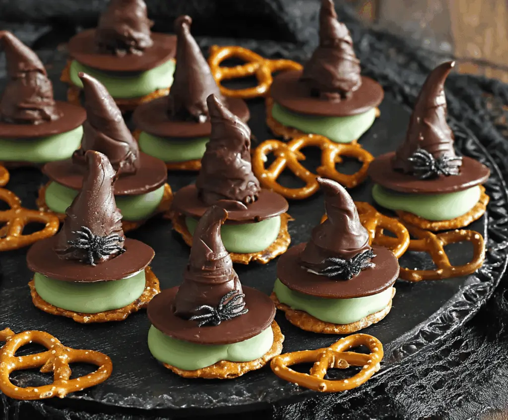 Halloween Witch Hat Pretzel-Chocolate Bites on a platter, festive spooky snack, quick 5-minute treat, perfect for Halloween parties