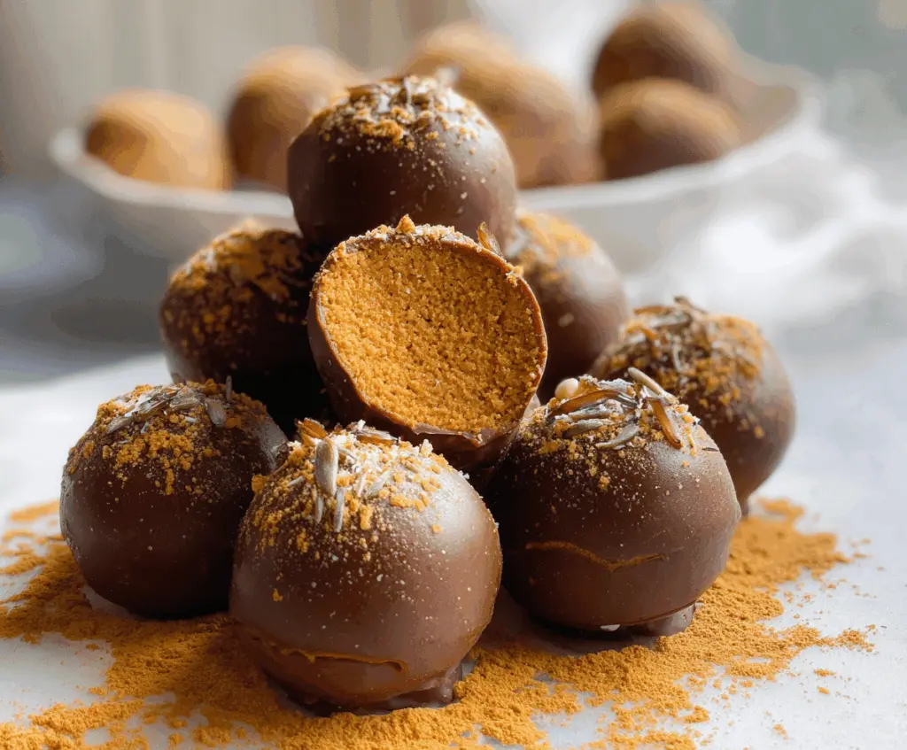 Delicious homemade healthy pumpkin truffles garnished with cinnamon and cocoa powder on a rustic wooden surface