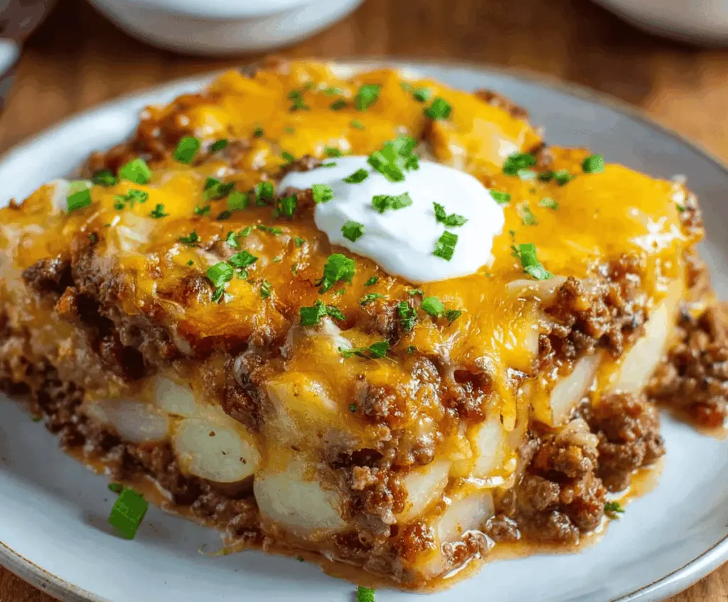 Delicious Hobo Casserole with Ground Beef served in a baking dish, topped with melted cheese and fresh herbs, perfect for a hearty, family-friendly meal.
