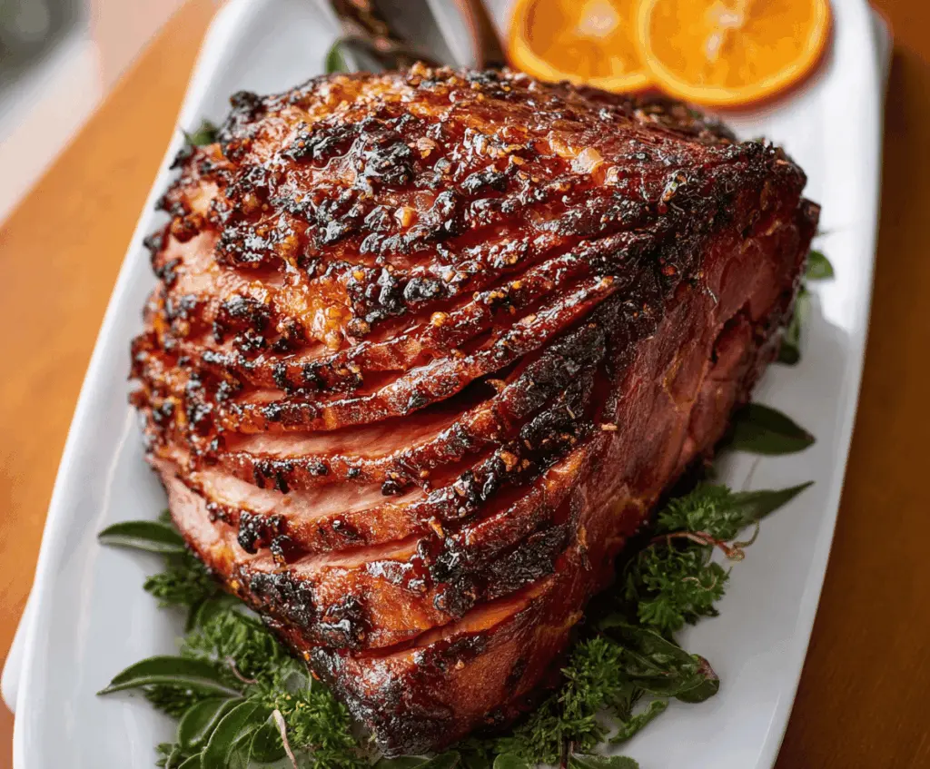 Delicious Honey-Garlic Spiral Ham glazed with honey and garlic, served on a platter for a festive meal