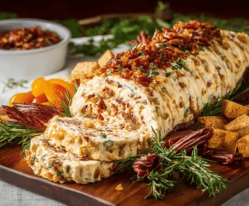 Creamy Italian Cheese Log topped with herbs and served with crackers.