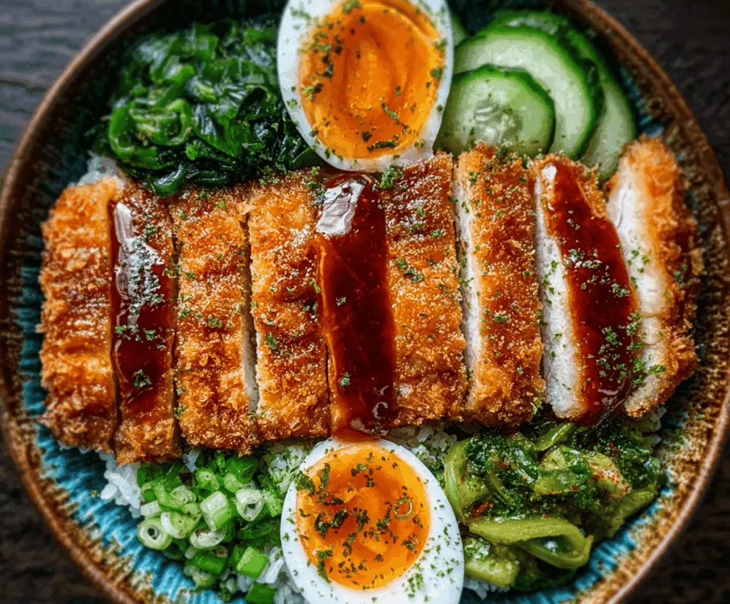 Delicious Japanese Katsu Bowl featuring crispy breaded pork cutlet, steamed rice, shredded cabbage, and savory sauce on a traditional Japanese plate