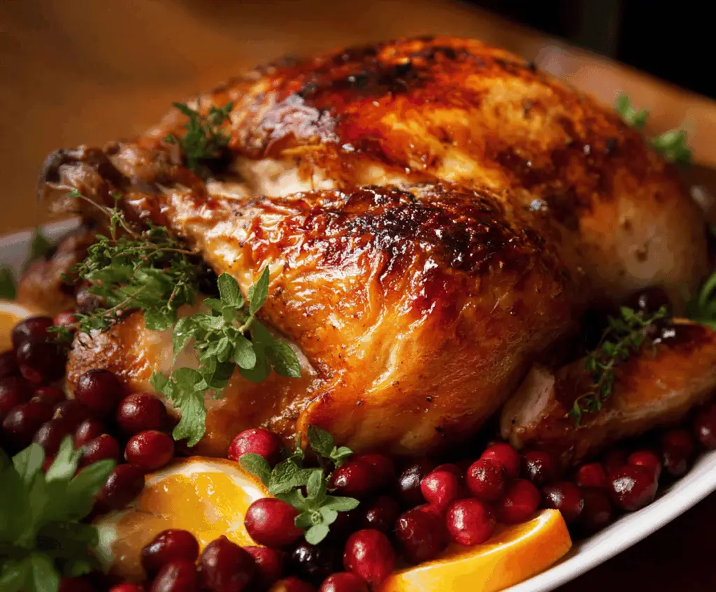 Juicy brined roast turkey served on a platter with golden crispy skin and flavorful stuffing, perfect for holiday feasts
