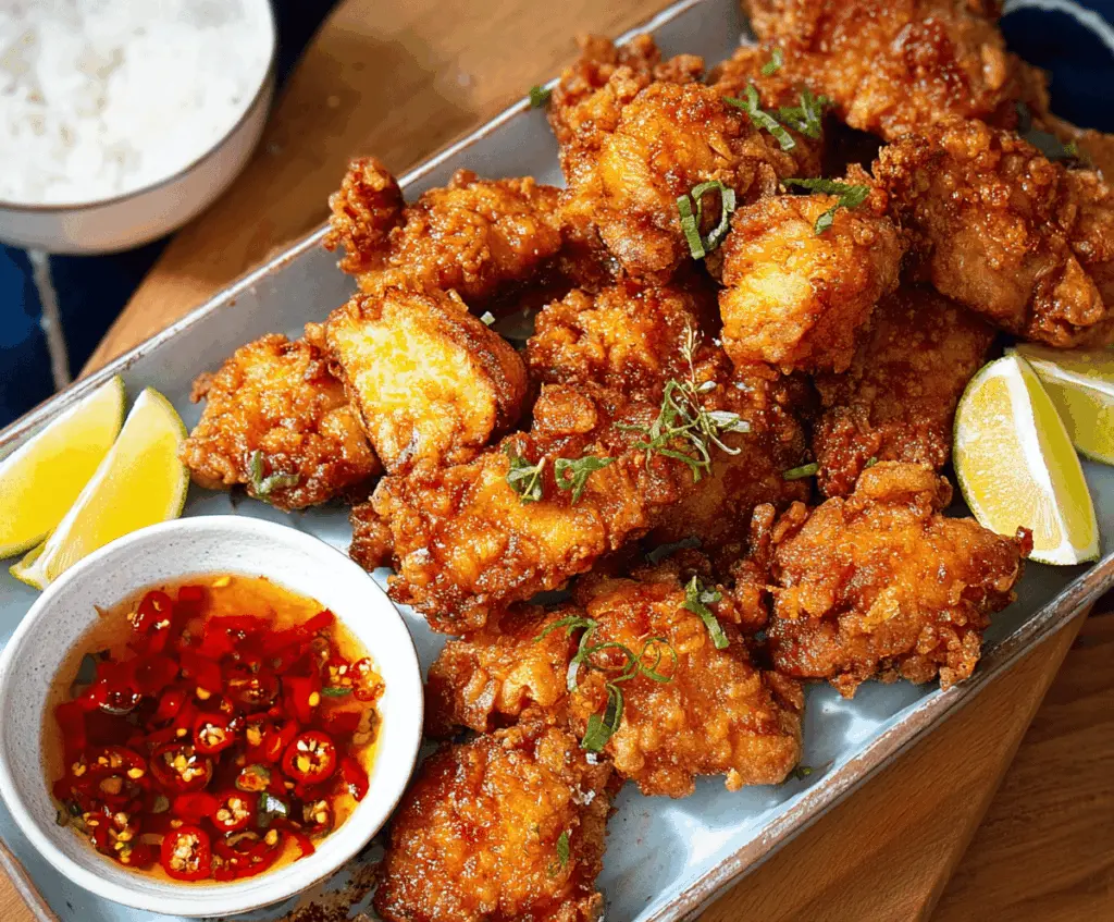 Crispy Japanese karaage chicken served with lemon wedges on a white plate, showcasing golden-brown fried Japanese-style chicken pieces.