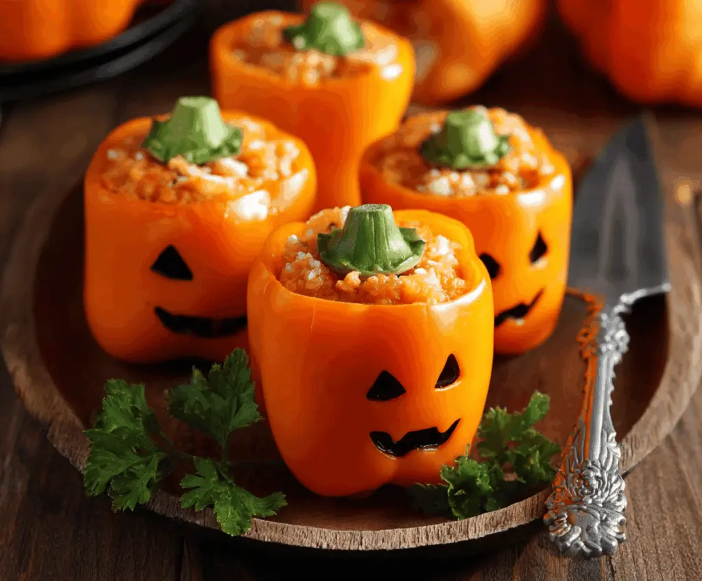 Colorful mini Jack-O’-Lantern stuffed peppers with melted cheese and festive Halloween decoration, perfect for a spooky appetizer or party snack.