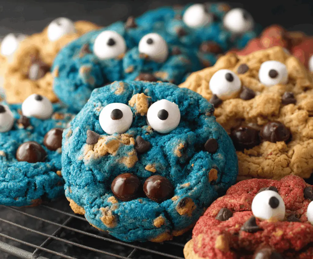 Delicious homemade Monster Cookies with colorful candies and chocolate chips on a baking tray